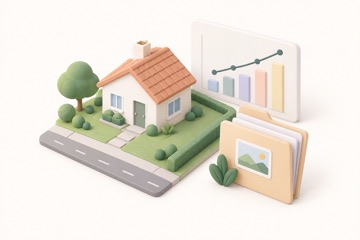 Ilustração de um imóvel com gráfico e pasta de estudo